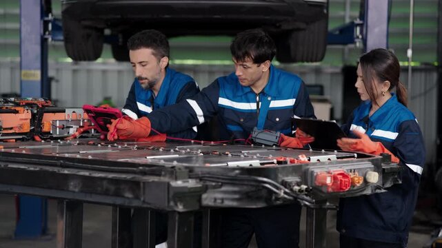 High voltage battery testing by a three person EV service team, the middle mechanic moving probes along the battery pack