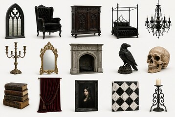 Fototapeta premium Gothic decor collection with furniture and accessories.