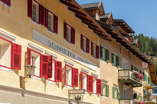 24 July 2026, Toblach (Dobbiaco), Italy. Historic Schwarzer Adler hotel with traditional Alpine architecture