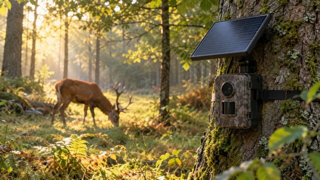 Intelligente Wildtierbeobachtung im Wald: Eine Wildkamera mit Solarmodul und ein grasender Hirsch stehen f&uuml;r Naturschutz, k&uuml;nstliche Intelligenz und die Zukunft automatisierter Tiererfassung.