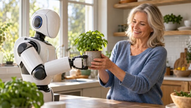Haushaltsroboter als Helfer der Zukunft: Ein humanoider Roboter &uuml;berreicht einer l&auml;chelnden Frau frisches Basilikum in der K&uuml;che. K&uuml;nstliche Intelligenz unterst&uuml;tzt den Alltag zu Hause.