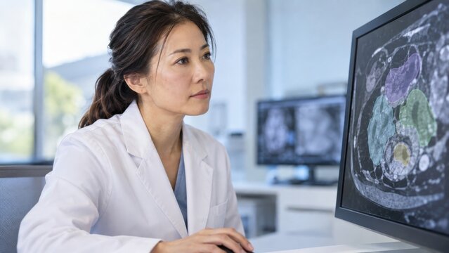 Radiologie mit k&uuml;nstlicher Intelligenz: Eine &Auml;rztin analysiert medizinische Schnittbilder am Bildschirm. Digitale Bildauswertung steht f&uuml;r pr&auml;zise Diagnostik und die Zukunft der Medizin.
