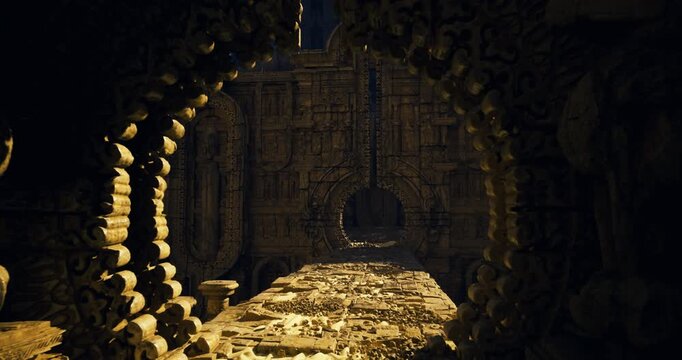 ornate circular portal and glowing threshold carved into textured stone, intricate relief pattern catching warm light, close viewpoint emphasizes depth