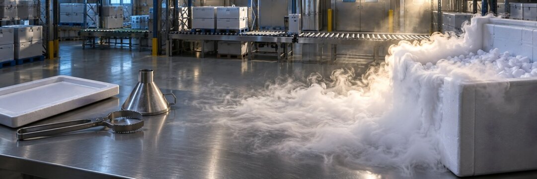 Dry ice sublimating vapor clouds billowing from insulated cold chain shipping container on stainless steel workbench in pharmaceutical packaging facility