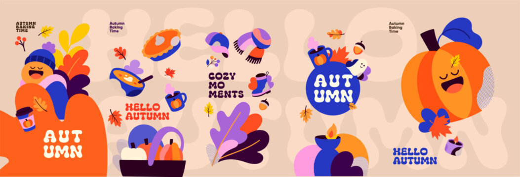 Autumn baking design collection with cheerful pumpkin characters, coffee mugs, candles, pastries, falling leaves and hand drawn seasonal lettering.