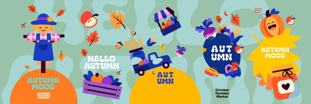 Autumn farmers market design collection featuring a scarecrow, harvest produce, delivery truck, pumpkins, falling leaves, and seasonal lettering on organic backgrounds.