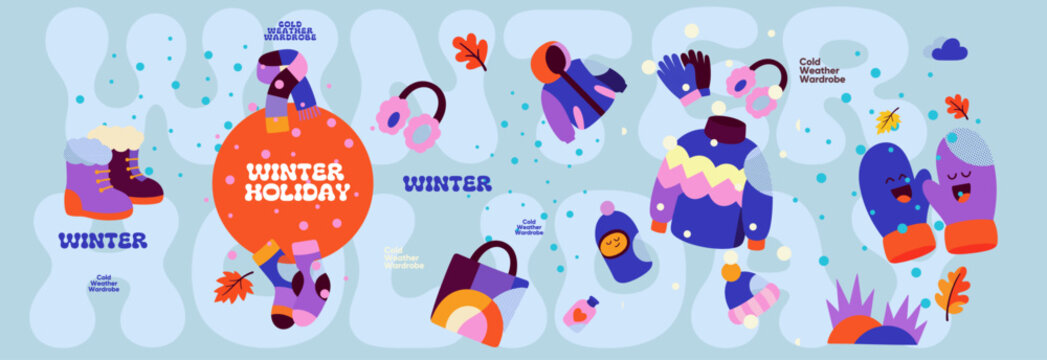 Winter holiday design collection with illustrated coat, boots, scarf, mittens, earmuffs and socks, surrounded by snow dots, leaves and cheerful character details.