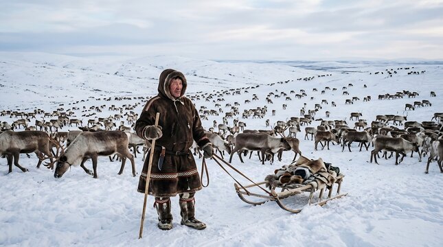 Man in traditional fur clothing standing with reindeer herd and wooden sled in snowy tundra