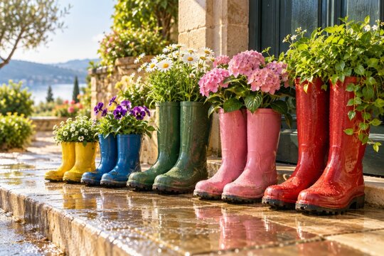 Rain Boots Repurposed as Flower Planters