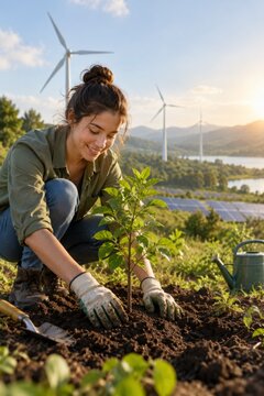 Woman Planting Seedlings Near Wind Farm