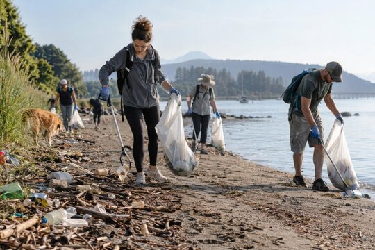 Beach Cleanup Team Collecting Litter