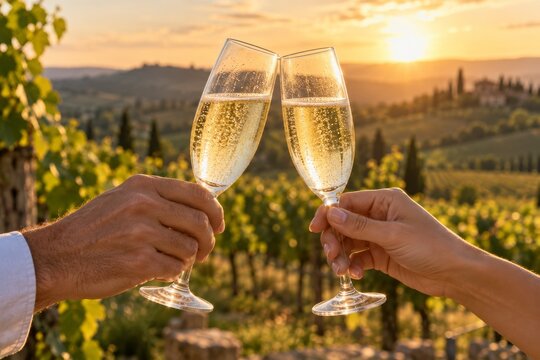 Champagne Toast in Vineyard at Sunset