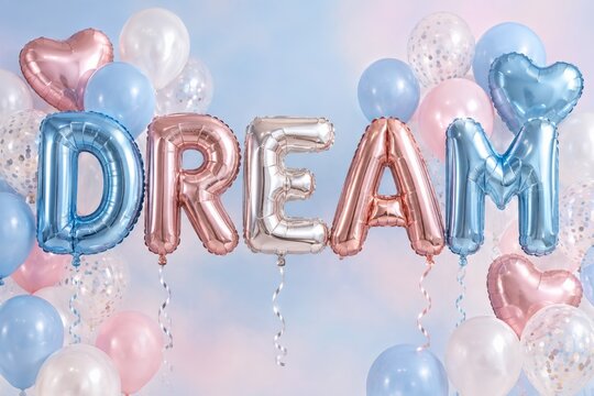 DREAM Foil Letter Balloons in Pastel Blue and Pink