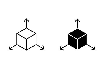 3d cube icon set with axis arrows showing depth and dimension in black and white line art style © Game