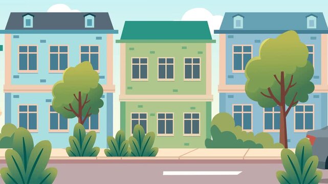 Animated yellow taxi, side view car driving down suburban city street loop. Cartoon taxi cab driving through city neighborhood, on urban road. Flat design animation of city traffic&nbsp;past city buildings