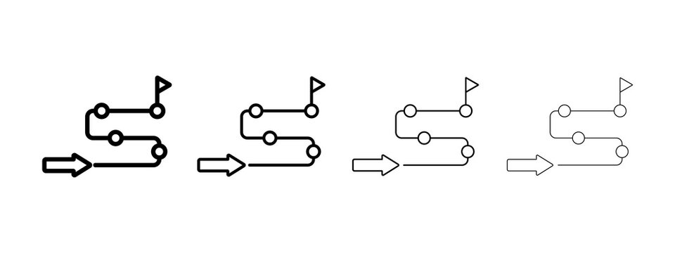 Set of roadmap icons with arrow path and flag goal symbol in different line weights