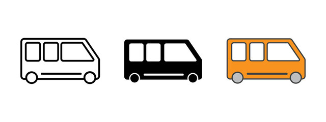 Set of three simple bus vehicle icons in outline solid and colorful styles © Game