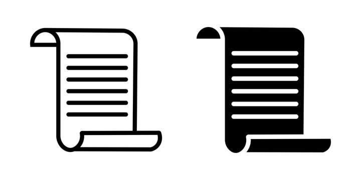 Set of simple paper scroll icons with text lines in outline and solid black styles