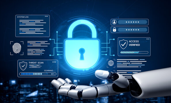 A robotic hand showcases a futuristic digital security interface featuring a lock symbol and various data analysis elements, emphasizing cybersecurity and technological advancements. Nascent