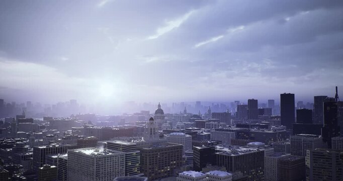 sunlit skyline with bright horizon glow, modern towers and reflective glass catch warm rays, energetic setting for business and lifestyle content