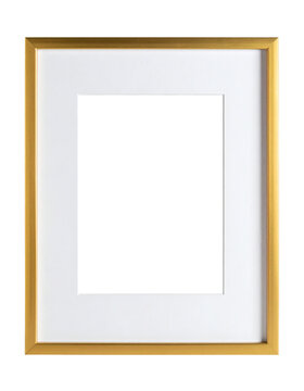 Minimalist square picture frame with a clean white mat and a brushed gold outer edge, presented front view, isolated on transparent background for artwork.