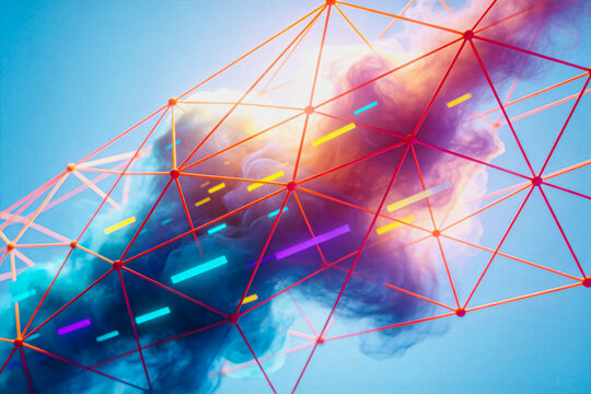 A futuristic abstract graphic featuring ethereal colored clouds over a geometric wireframe network with glowing accents.