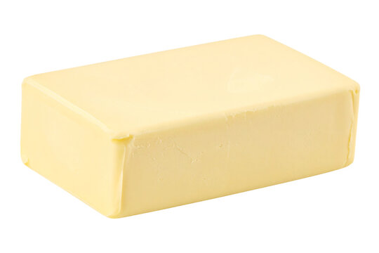 Rectangular block of butter in side view, a smooth pale yellow dairy product melting slightly, perfect for culinary and baking needs, isolated on transparent background.