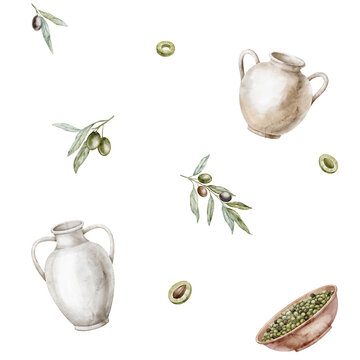 Olive seamless Pattern with ceramic amphorae, scattered fruit and delicate branches on isolated background. Watercolor Mediterranean repeat for kitchen decor, tableware and food packaging.