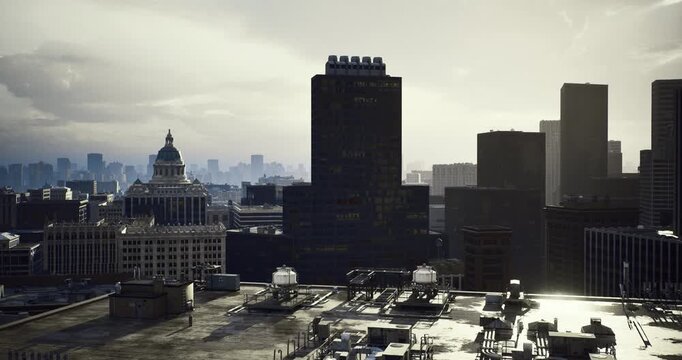 monolithic tower foreground near historic dome, strong vertical silhouette against hazy skyline, layered rooftops and distant urban sprawl, dramatic mood