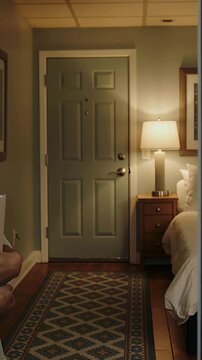 Vertical video: Reaching hand grasping deadbolt and knob at home pulling door entering bedroom