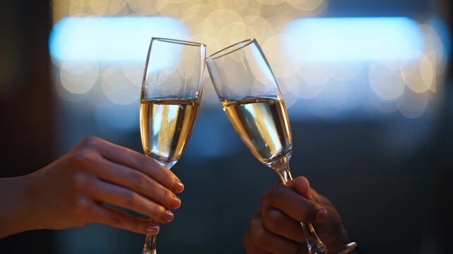 Two hands raising champagne flutes night bokeh lights. Close up glasses cheers.