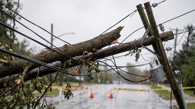 Broken tree trunk crushing electrical lines and transformers above a road after destructive severe weather, with copy space, for commercial use