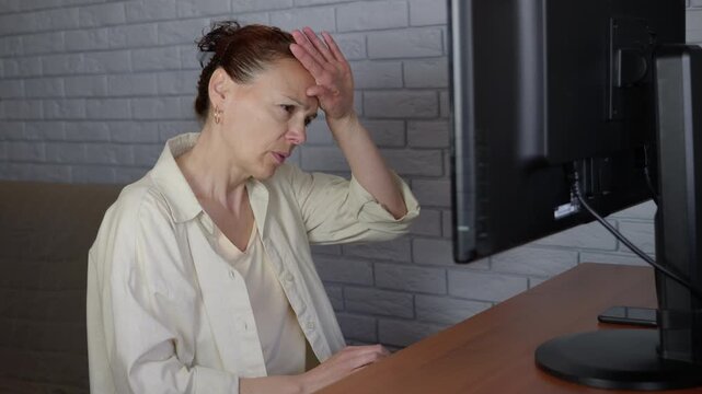 Stressed overworked woman feeling tired at computer desk. Exhausted middle-aged woman feeling stressed and frustrated while working long hours on the computer, eventually falling asleep from overwork