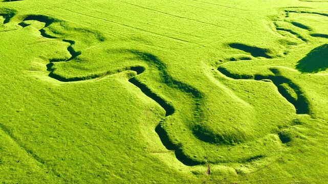 High angle drone view displays winding natural erosion trenches cutting through vibrant green meadow pastureland in summer.