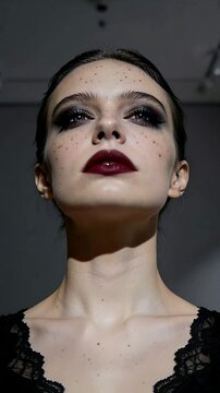 Vertical video: Cam rolling model tilting head back in set, showing lace top, dot makeup, dark lips