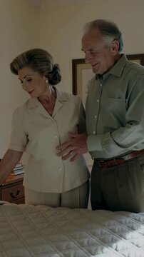 Vertical video: Placing hand, woman smoothing bedspread in bedroom to make bed, husband watching
