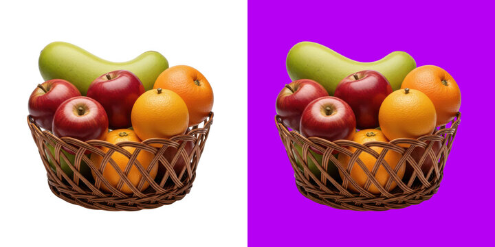 Fresh red apples oranges and green pear fruit in a rustic wooden wicker basket transparent png