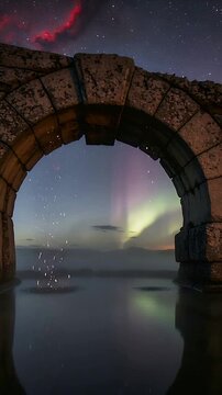 Vertical video: Framing arch showing aurora rising over calm sea in green and violet