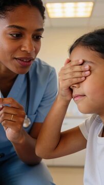 Vertical video: Holding card, nurse in scrubs with steth guiding child pointing during clinic test