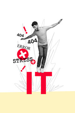 Vertical photo collage of astonished man it programmer master 404 error problem cyberattack virus isolated on painted background