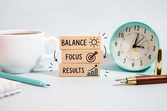 Balance Focus Results Productivity Concept with Wooden Blocks, Coffee and Clock.