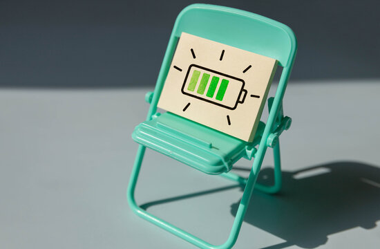 Energy Recharge Concept with Full Battery Symbol on Miniature Chair.
