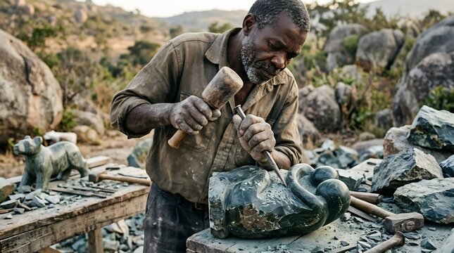 Artisan sculpting a green stone figure with mallet and chisel outdoors