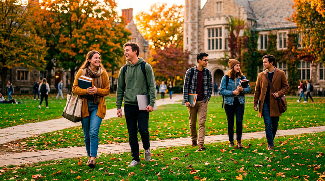 Diverse group of students walking on a college campus during autumn with colorful trees