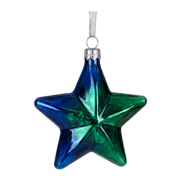 Blue and green glass star Christmas ornament isolated on transparent background