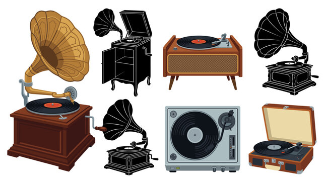 Set of vector collection featuring different styles of gramophones, including vintage gramophones, antique phonographs, decorative record players, horn gramophones, classic turntables