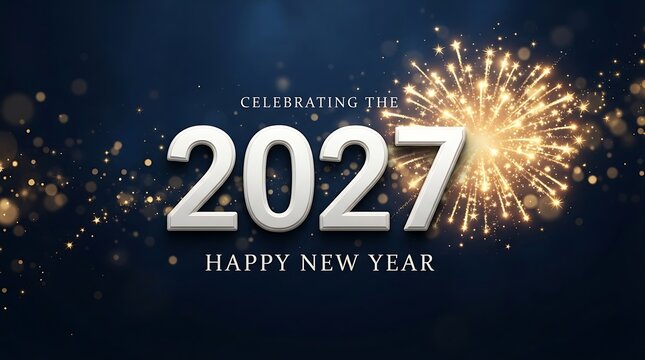 Celebrating the 2027 new year with bright golden fireworks on dark background
