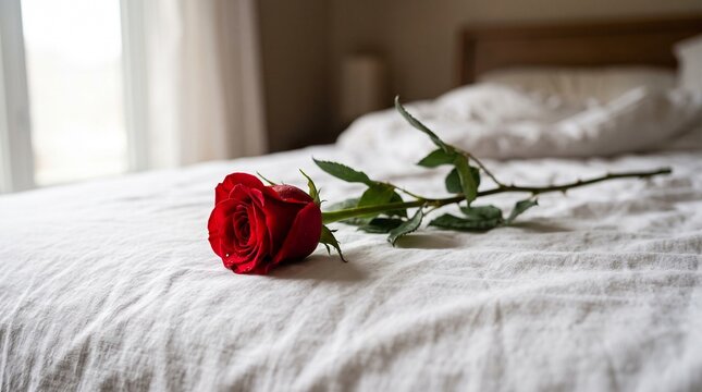 Single red rose resting on a rumpled white bed sheet with soft natural light