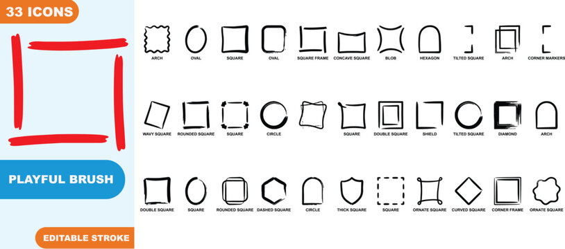 Playful vector brush set featuring 33 square and frame icons