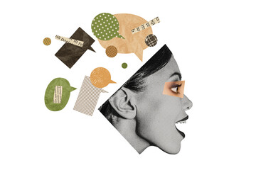 Obraz premium Creative image picture young woman face textbox communication concept share mind opinions forum discussion conversation